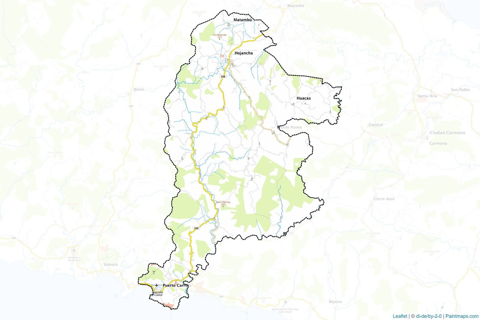 Mapa de Hojancha y sus distritos